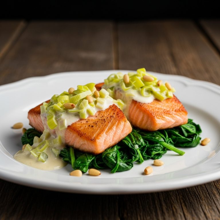Seared Salmon Medallions with Creamy Leek Sauce on Sautéed Spinach & Pine Nuts (Paleo Nordic Lunch)